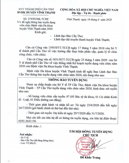 Bệnh Viện Đa Khoa Huyện Vĩnh Thạnh - Tuyển Dụng