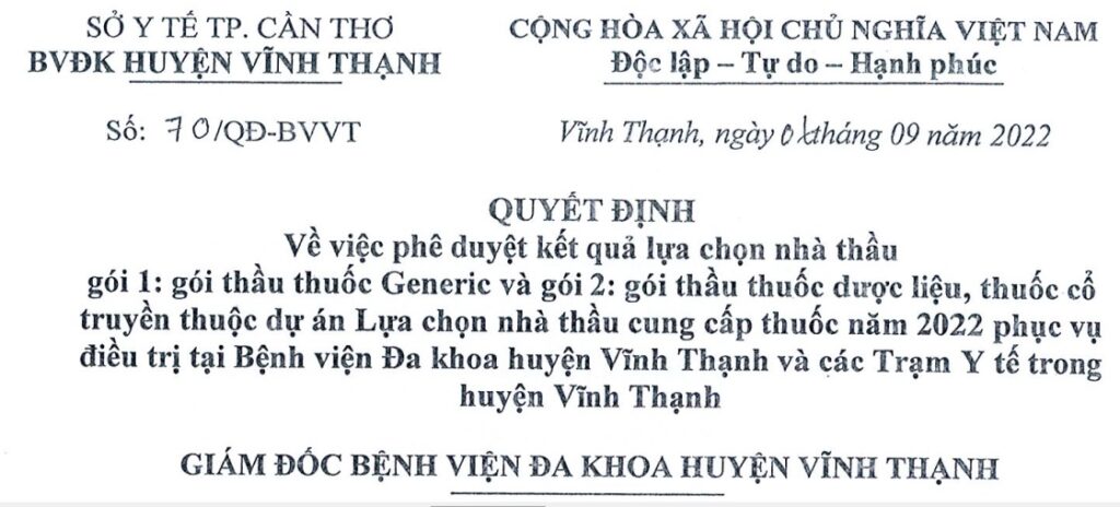 Thông báo kết quả thầu thuốc năm 2022 phục vụ điều trị tại BVĐK huyện Vĩnh Thạnh